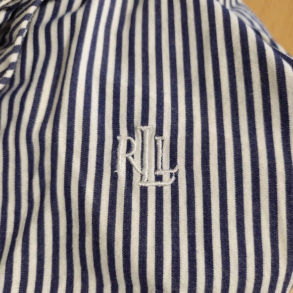 Ralph Lauren RLL Ruffle Striped Button Up Blouse Women's Navy 100% Cotton L - Picture 5 of 9